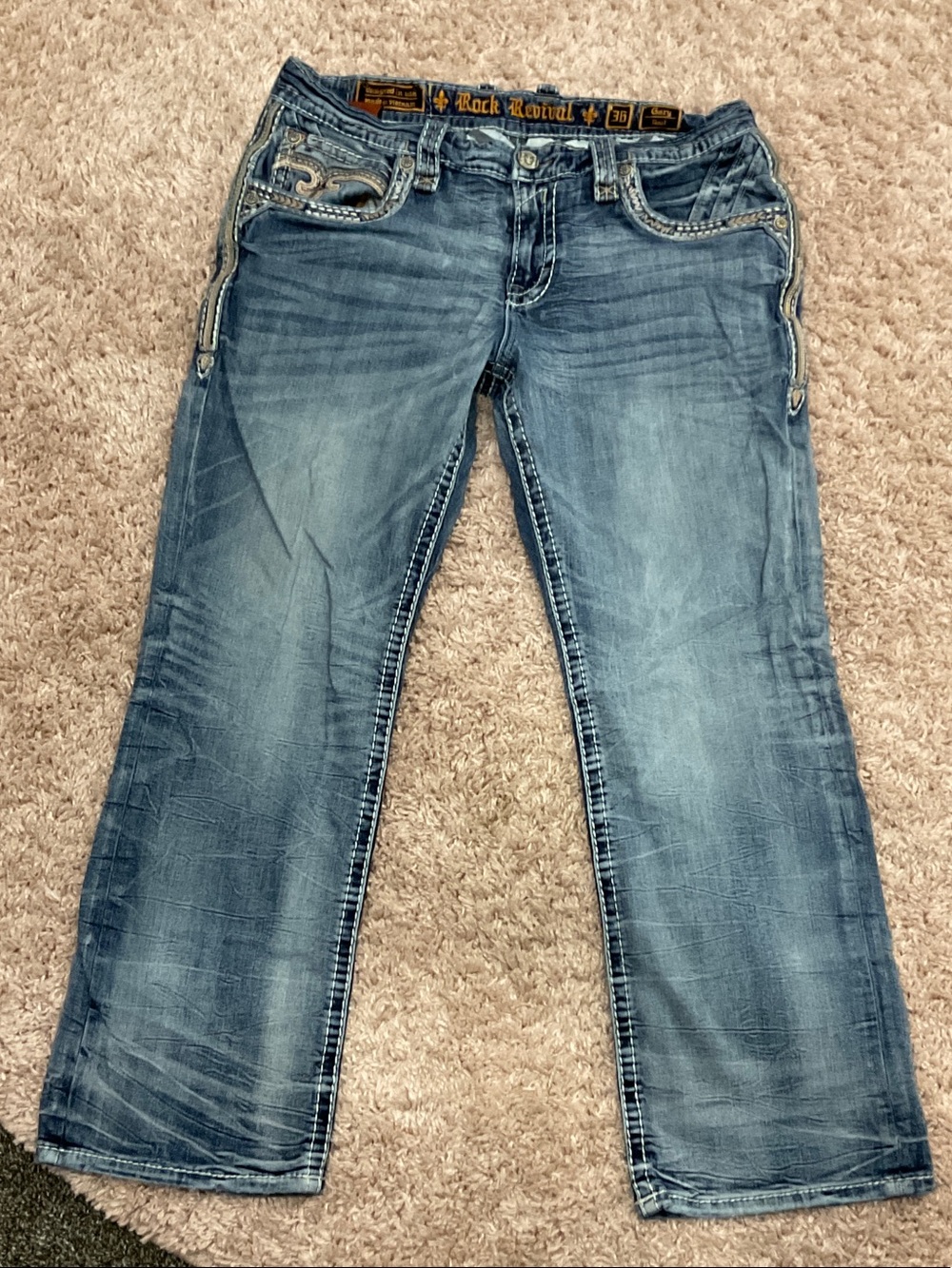 Men’s Rock Revival Distressed Medium Blue Embroidered Jeans